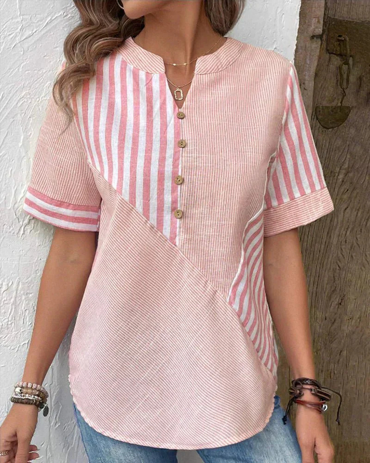 Demi – Cotton Striped Colourblock Half-Placket Blouse