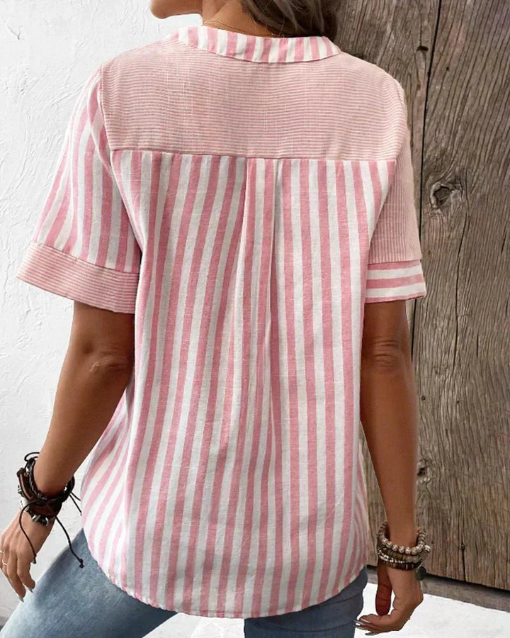 Demi – Cotton Striped Colourblock Half-Placket Blouse