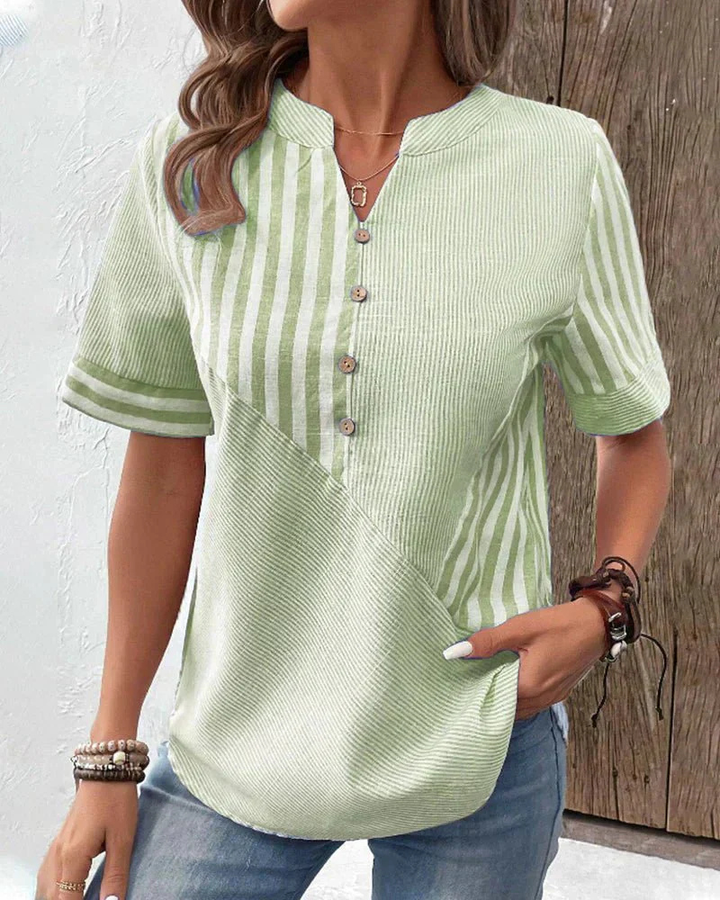 Demi – Cotton Striped Colourblock Half-Placket Blouse
