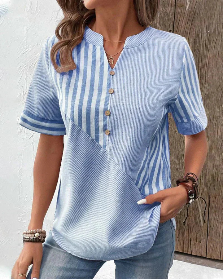 Demi – Cotton Striped Colourblock Half-Placket Blouse