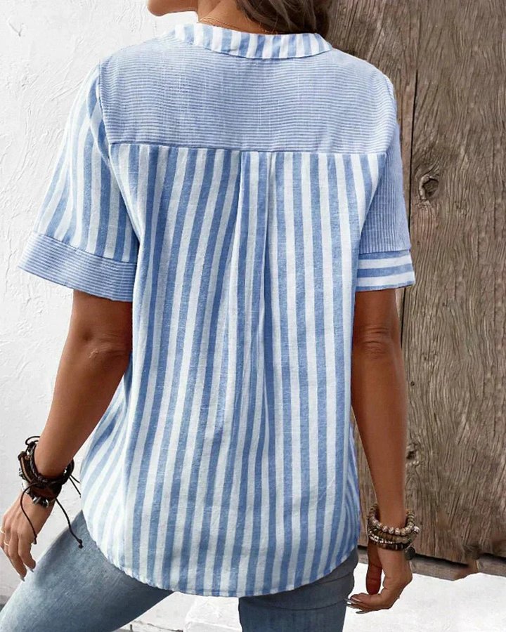 Demi – Cotton Striped Colourblock Half-Placket Blouse