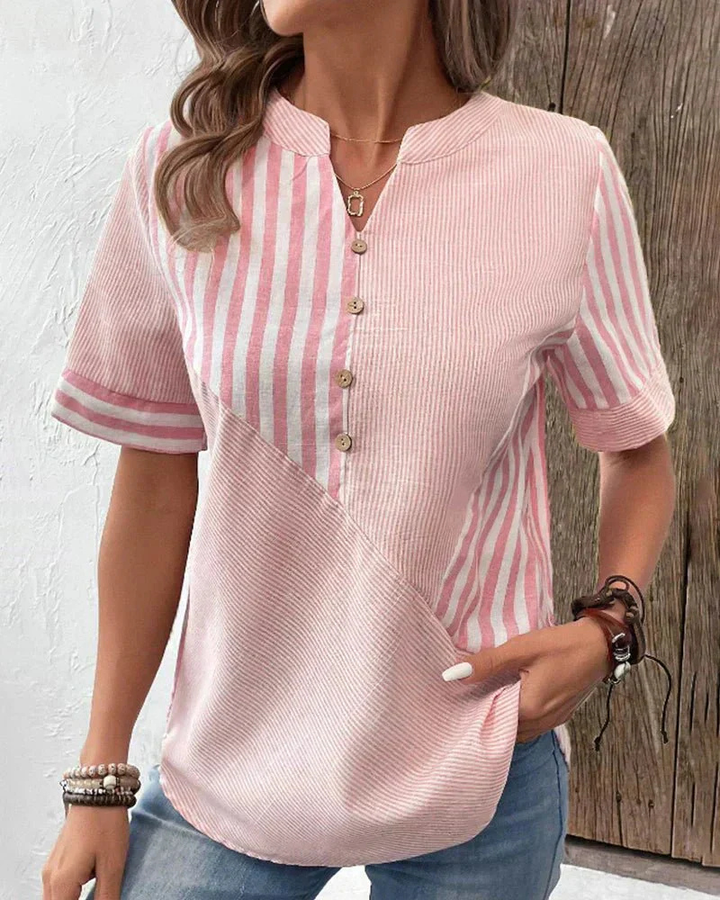 Demi – Cotton Striped Colourblock Half-Placket Blouse