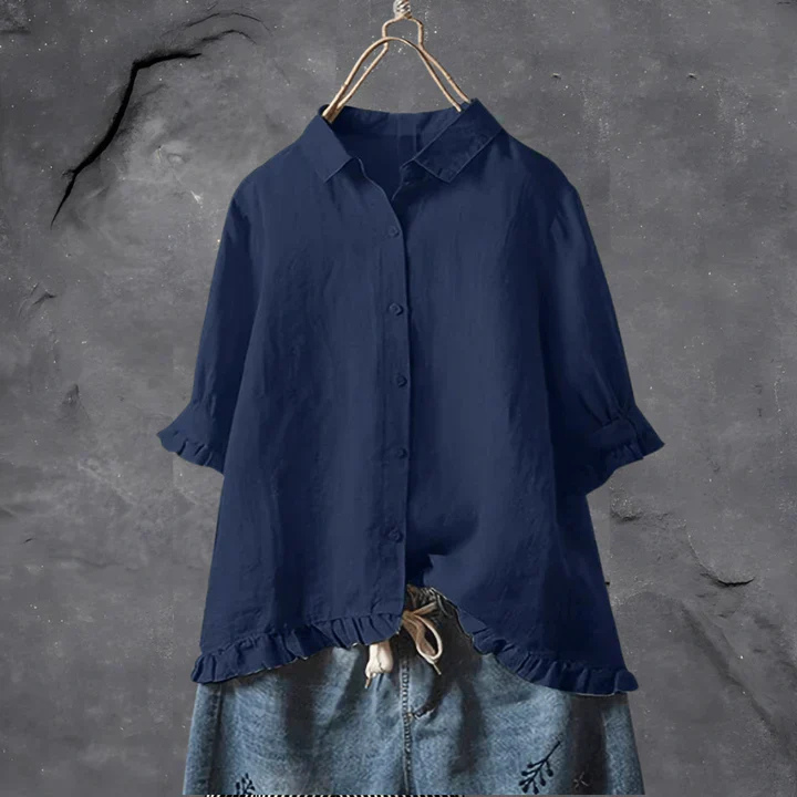 Indie – Linen Button-Front Shirt with Ruffle Detail
