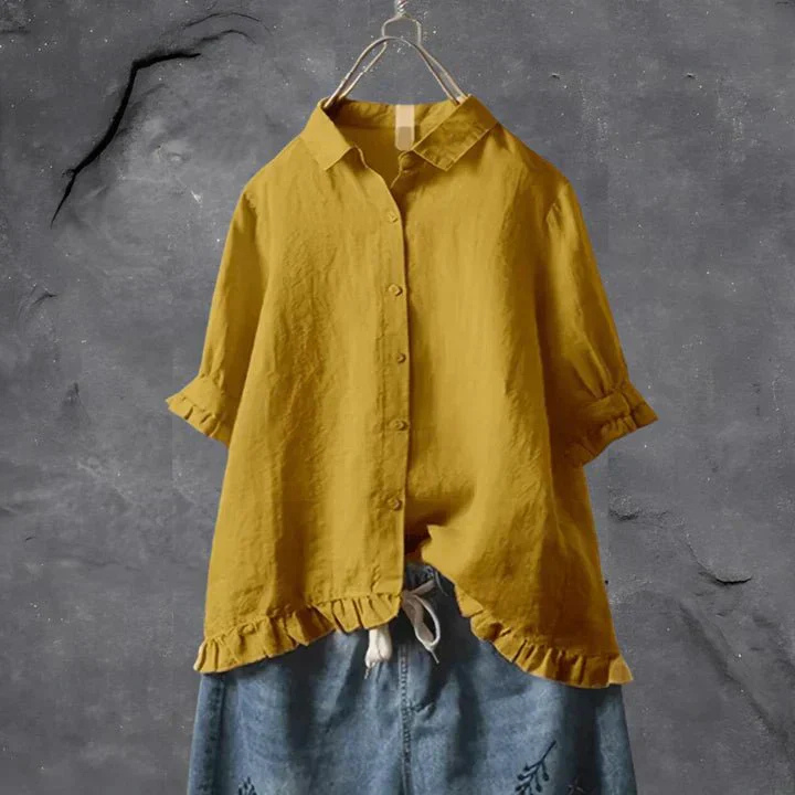 Indie – Linen Button-Front Shirt with Ruffle Detail