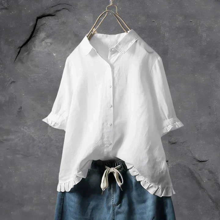 Indie – Linen Button-Front Shirt with Ruffle Detail