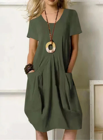 Annabelle – Cotton Midi Dress with Gathered Detail and Pockets