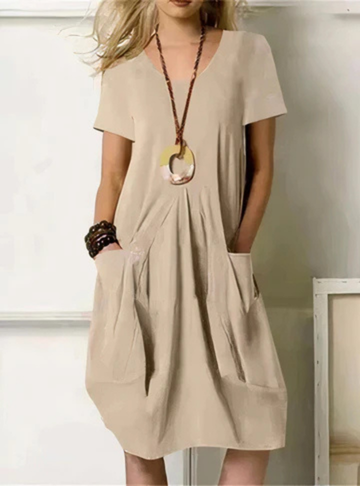 Annabelle – Cotton Midi Dress with Gathered Detail and Pockets