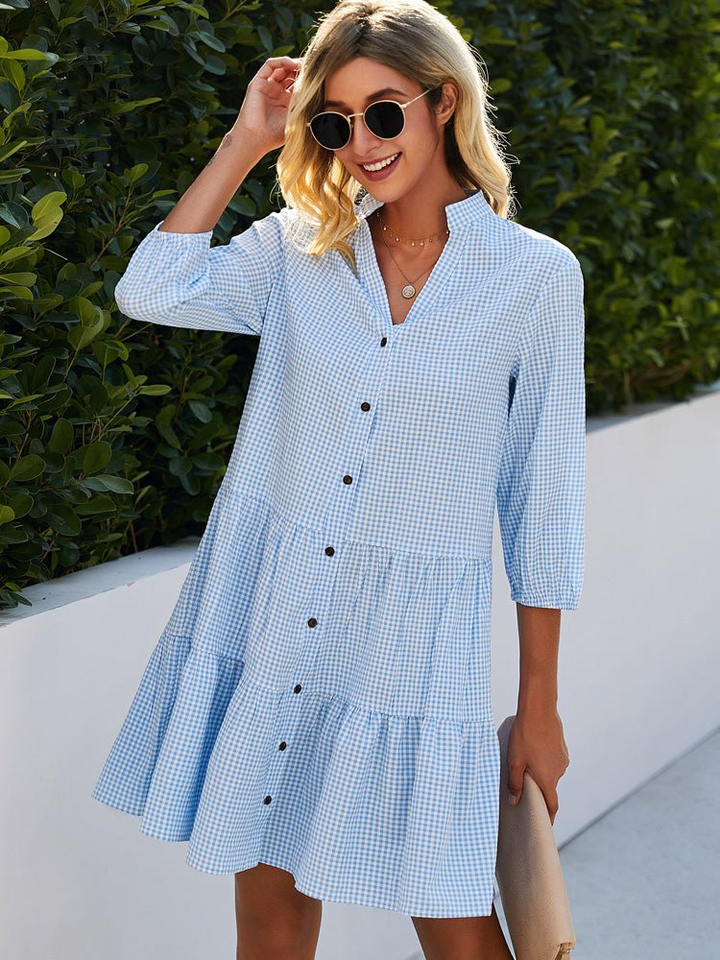 Demi – Cotton Gingham Tiered Mini Dress with Buttons