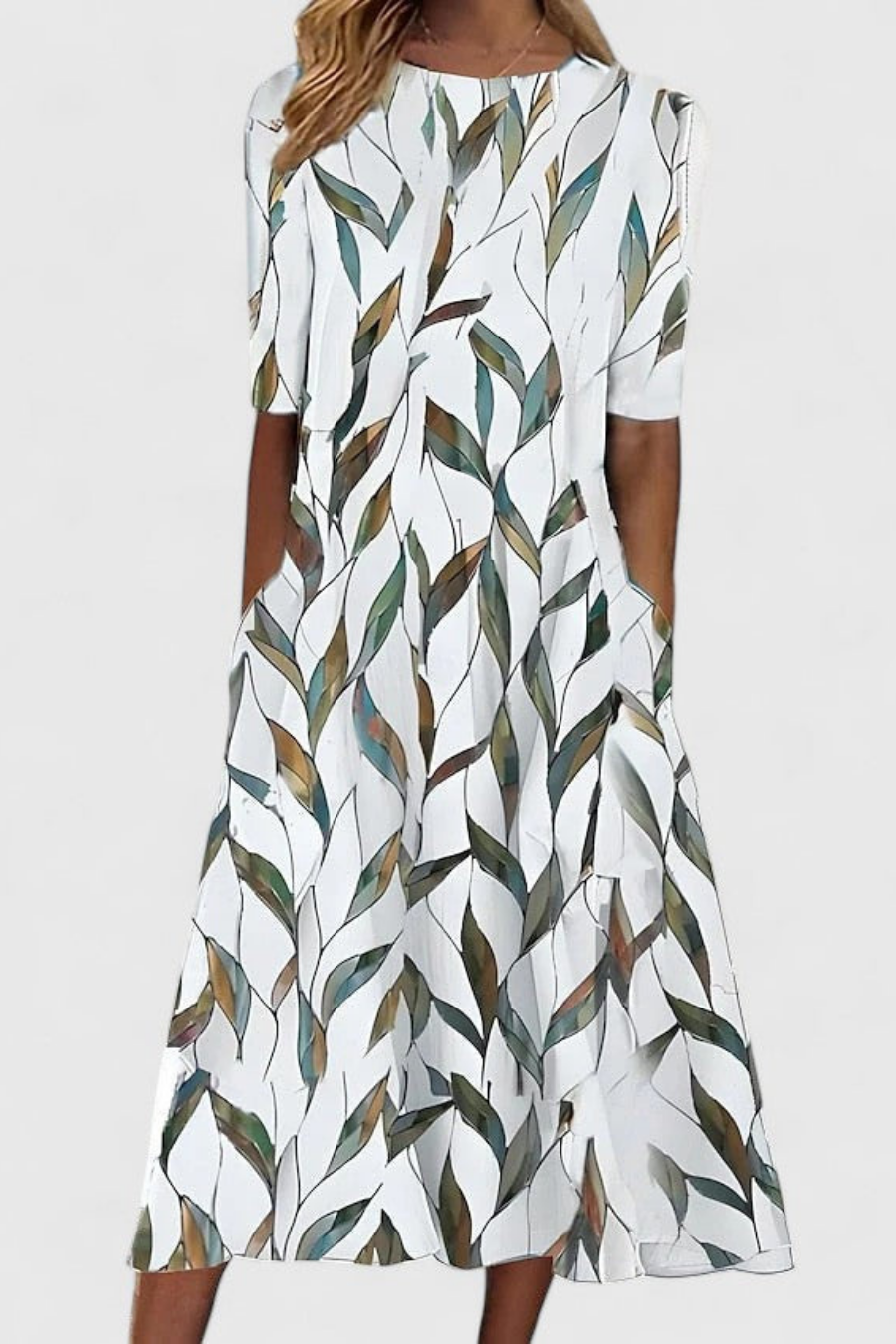 Zara – Cotton Floral Midi Dress with Pockets and Round Neck