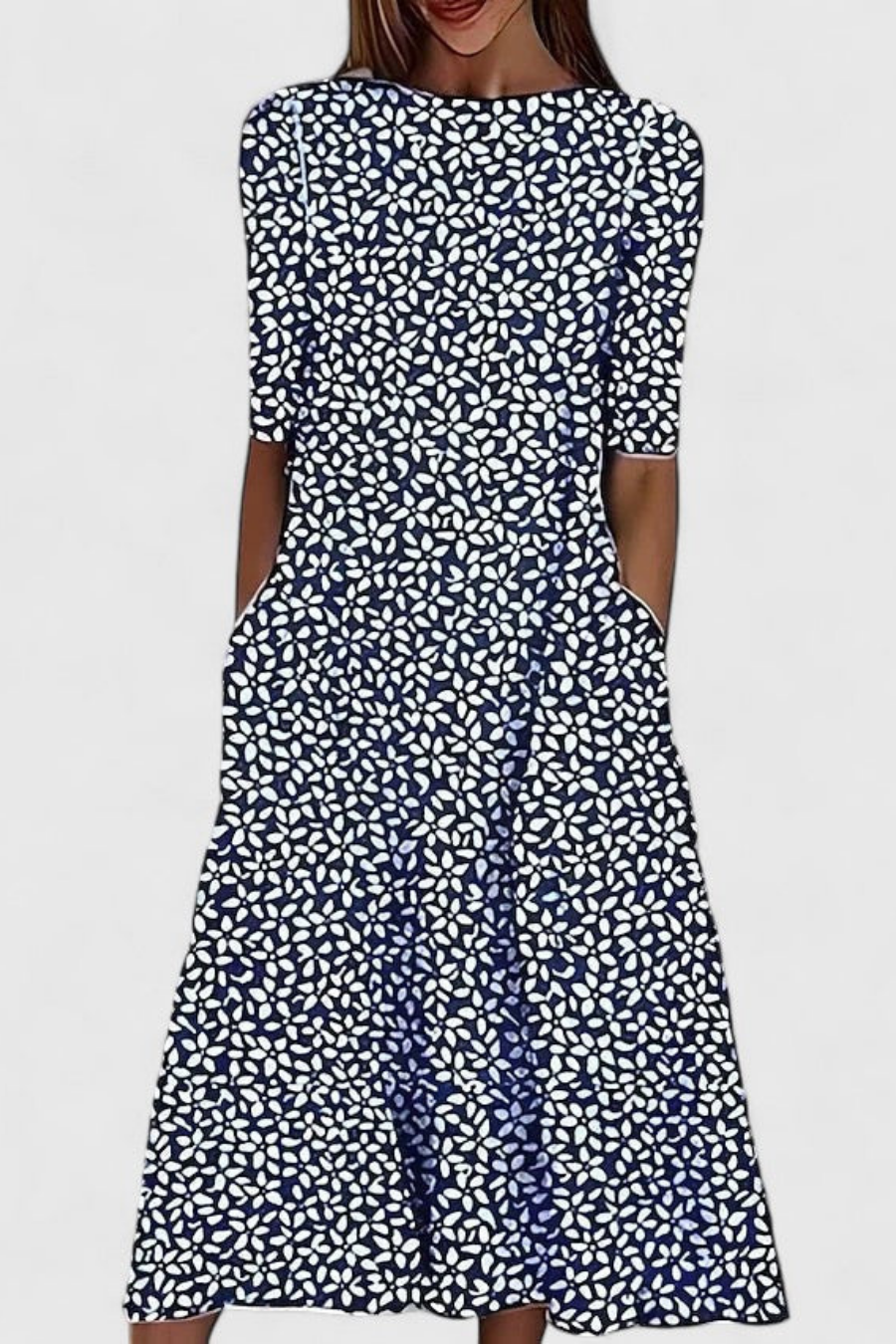 Zara – Cotton Floral Midi Dress with Pockets and Round Neck