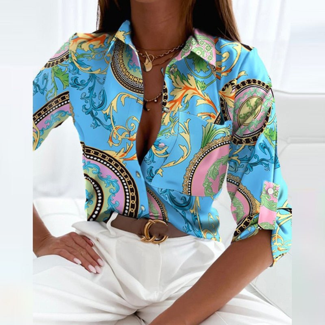 Eloise – Satin Button-Up Blouse with Geometric Print