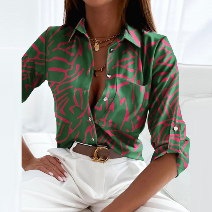 Eloise – Satin Button-Up Blouse with Geometric Print