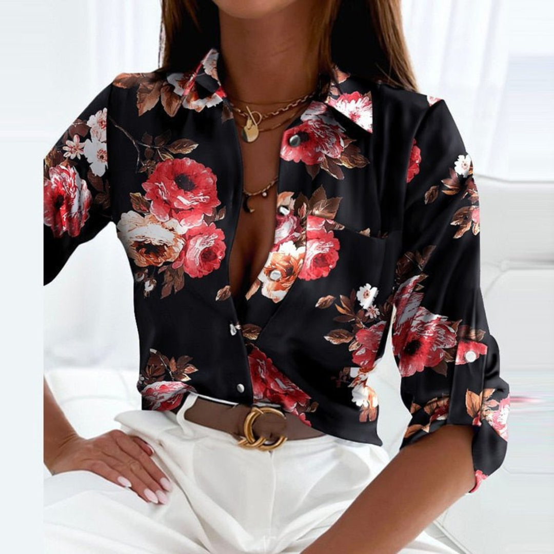 Eloise – Satin Button-Up Blouse with Geometric Print