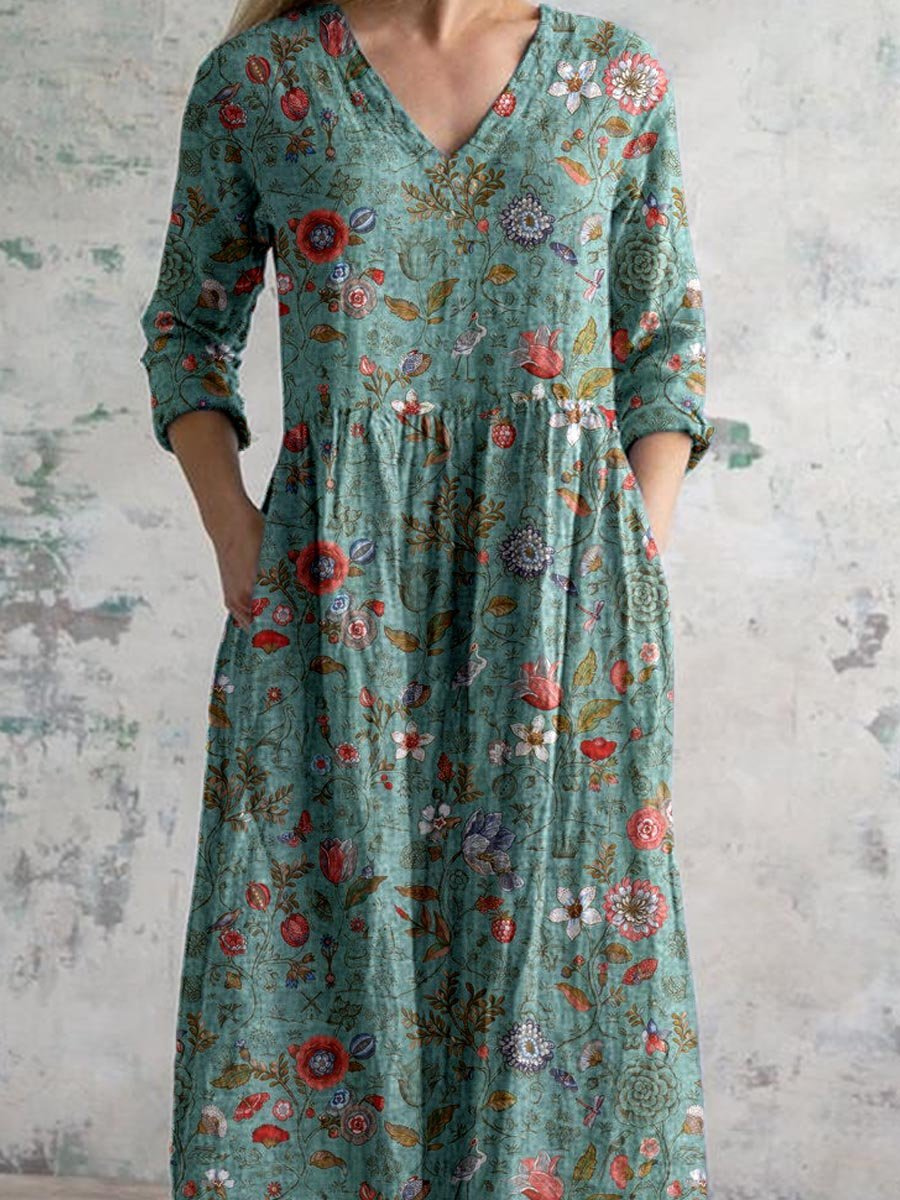Daphne – Cotton Floral V-Neck Maxi Dress with Pockets