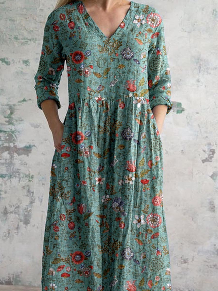 Daphne – Cotton Floral V-Neck Maxi Dress with Pockets