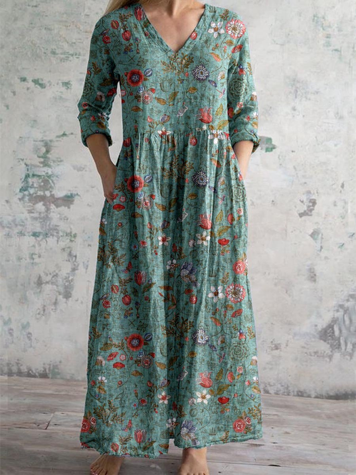 Daphne – Cotton Floral V-Neck Maxi Dress with Pockets