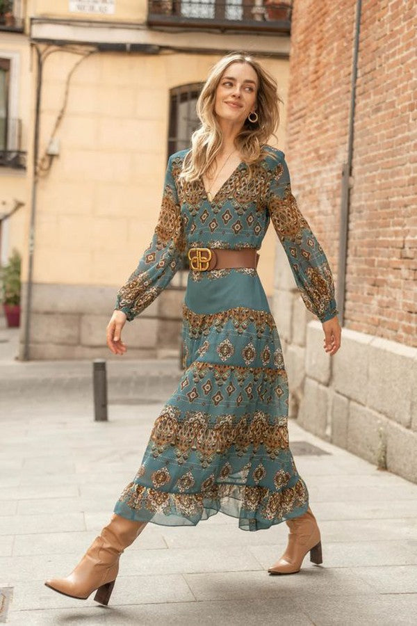 Demi – Blue Chiffon Tiered Dress with Puff Sleeves