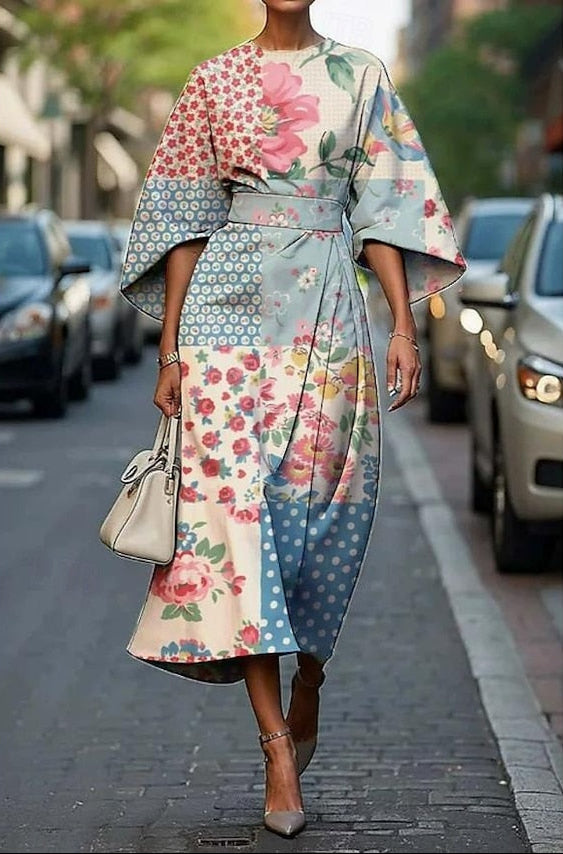 Lila – Silk Midi Dress with Belted Kimono Sleeves