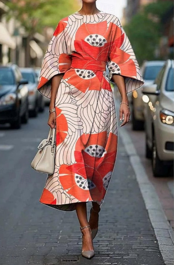 Lila – Silk Midi Dress with Belted Kimono Sleeves