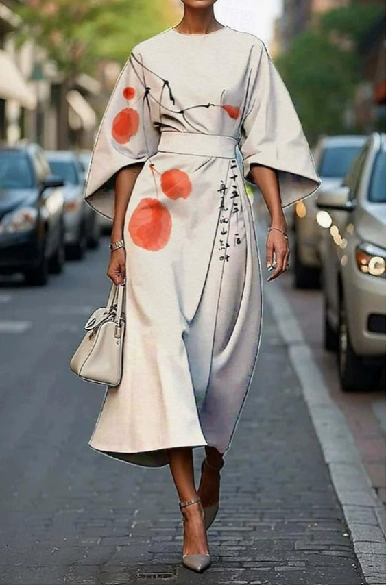 Lila – Silk Midi Dress with Belted Kimono Sleeves