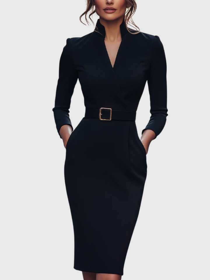 Ivy – Stretch Belted V-Neck Wrap Midi Dress