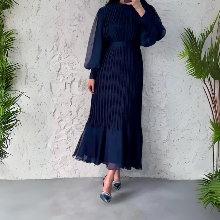 Cassie – Pleated Chiffon Maxi Dress with Mock Neck