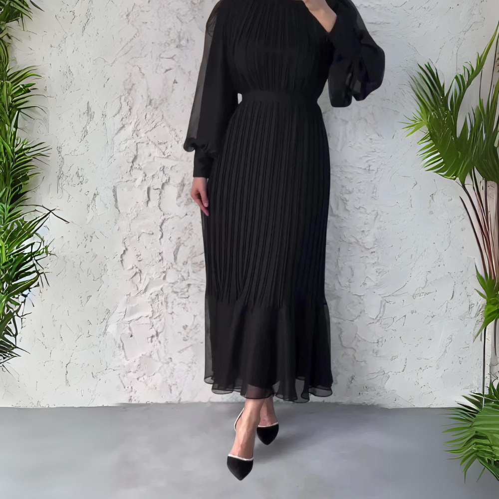 Cassie – Pleated Chiffon Maxi Dress with Mock Neck