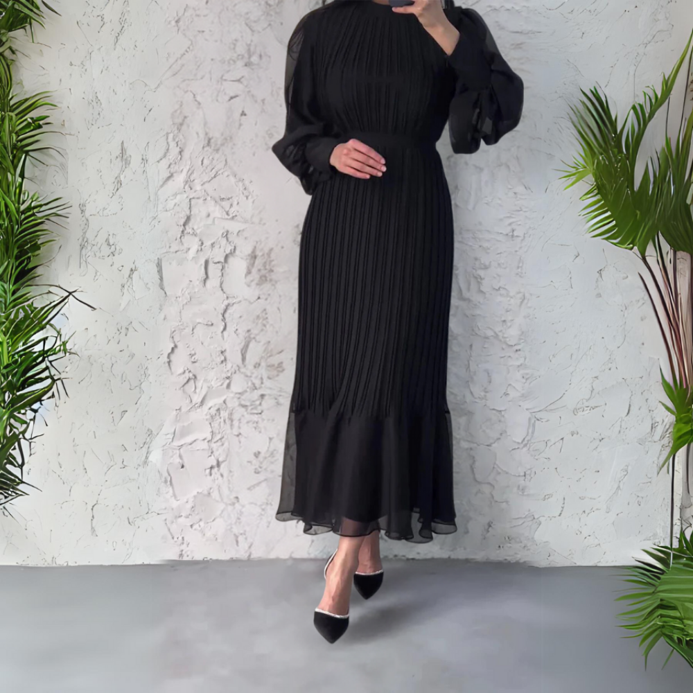 Cassie – Pleated Chiffon Maxi Dress with Mock Neck