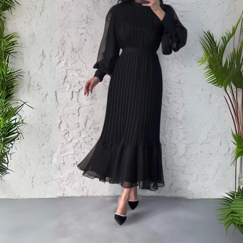 Cassie – Pleated Chiffon Maxi Dress with Mock Neck
