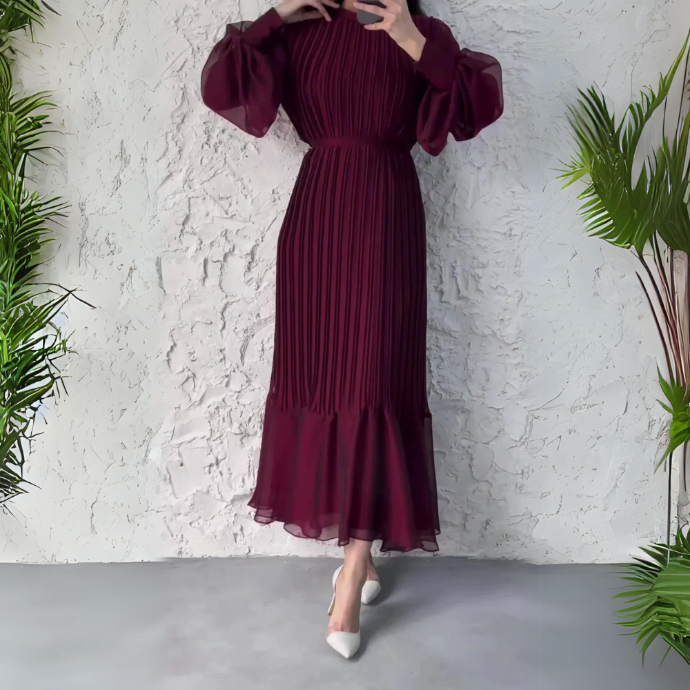 Cassie – Pleated Chiffon Maxi Dress with Mock Neck