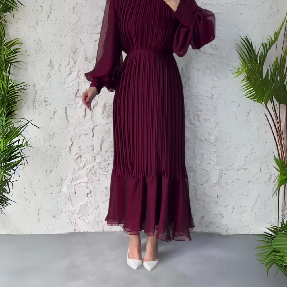 Cassie – Pleated Chiffon Maxi Dress with Mock Neck