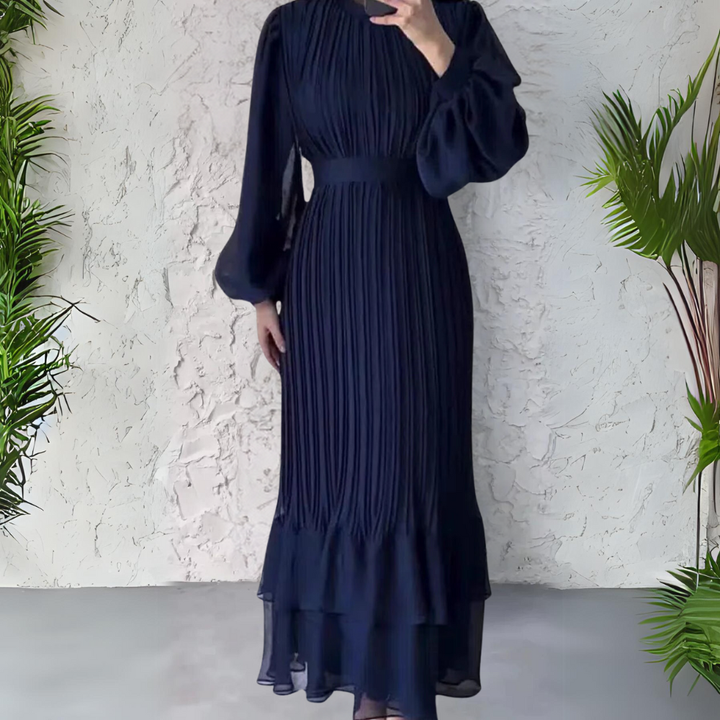 Cassie – Pleated Chiffon Maxi Dress with Mock Neck