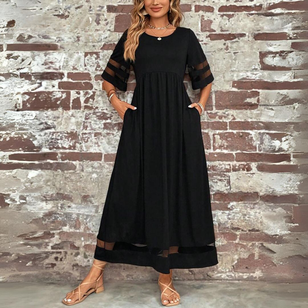 Demi – Mesh Panel Maxi Dress with Gathered Waist