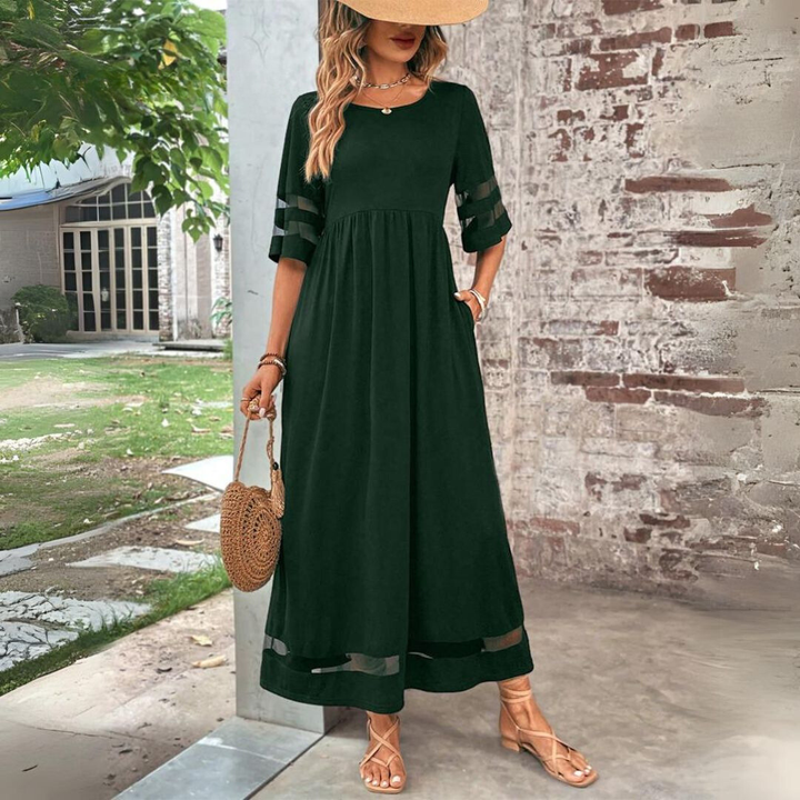 Demi – Mesh Panel Maxi Dress with Gathered Waist
