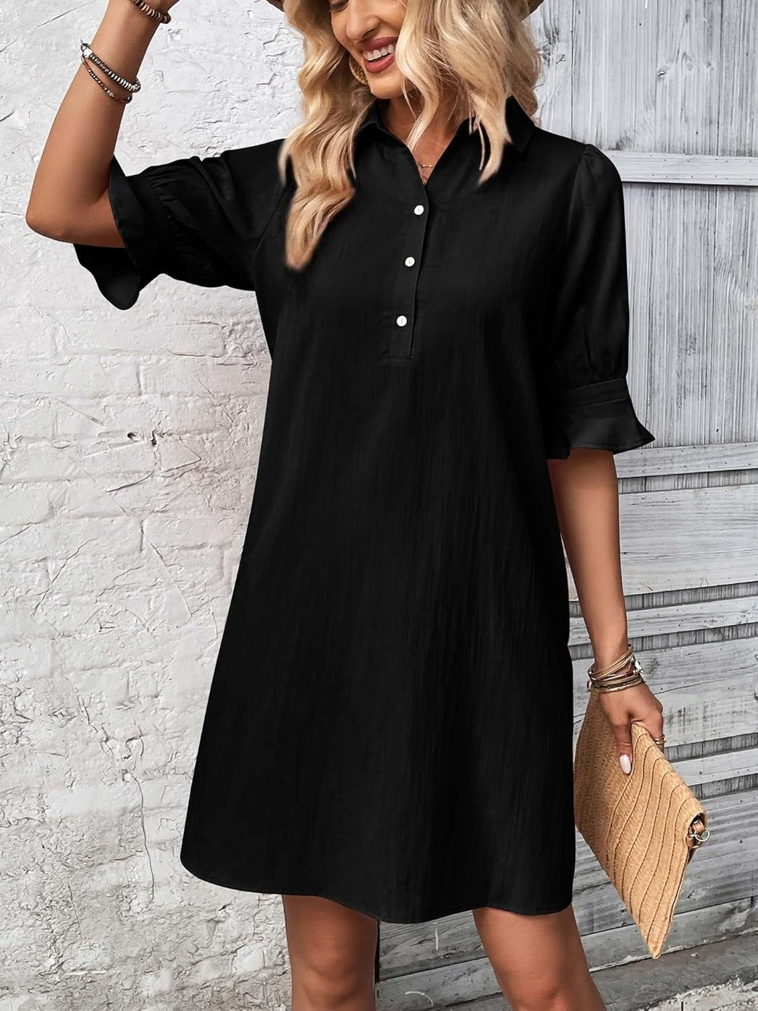 Lara – Cotton Mini Dress with Flared Half-Button Sleeves