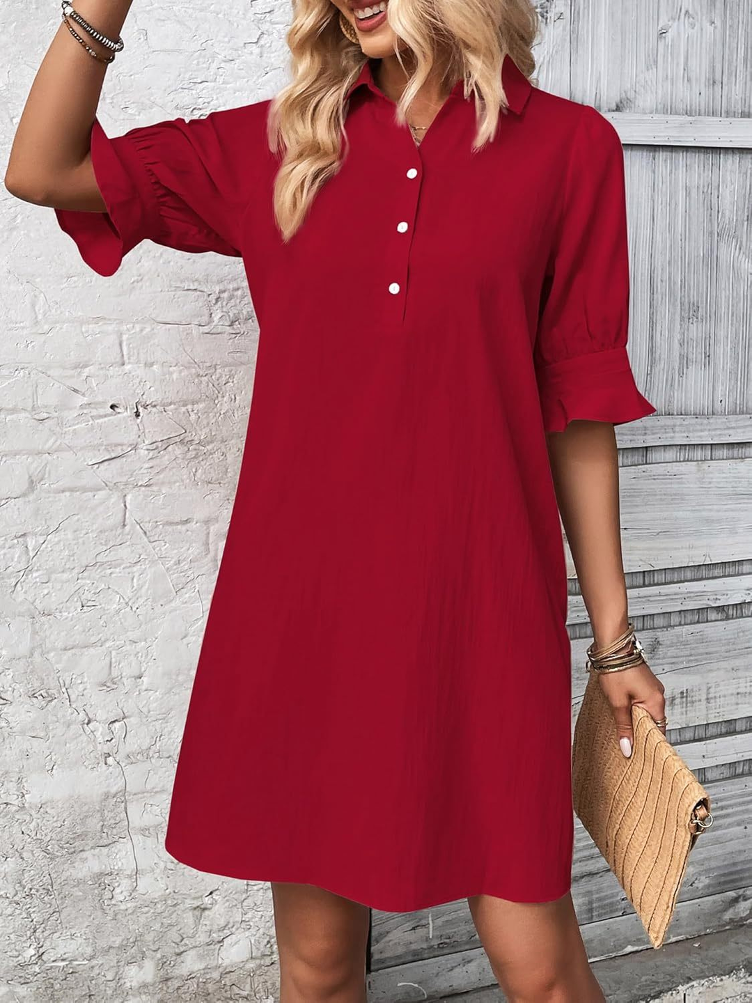 Lara – Cotton Mini Dress with Flared Half-Button Sleeves