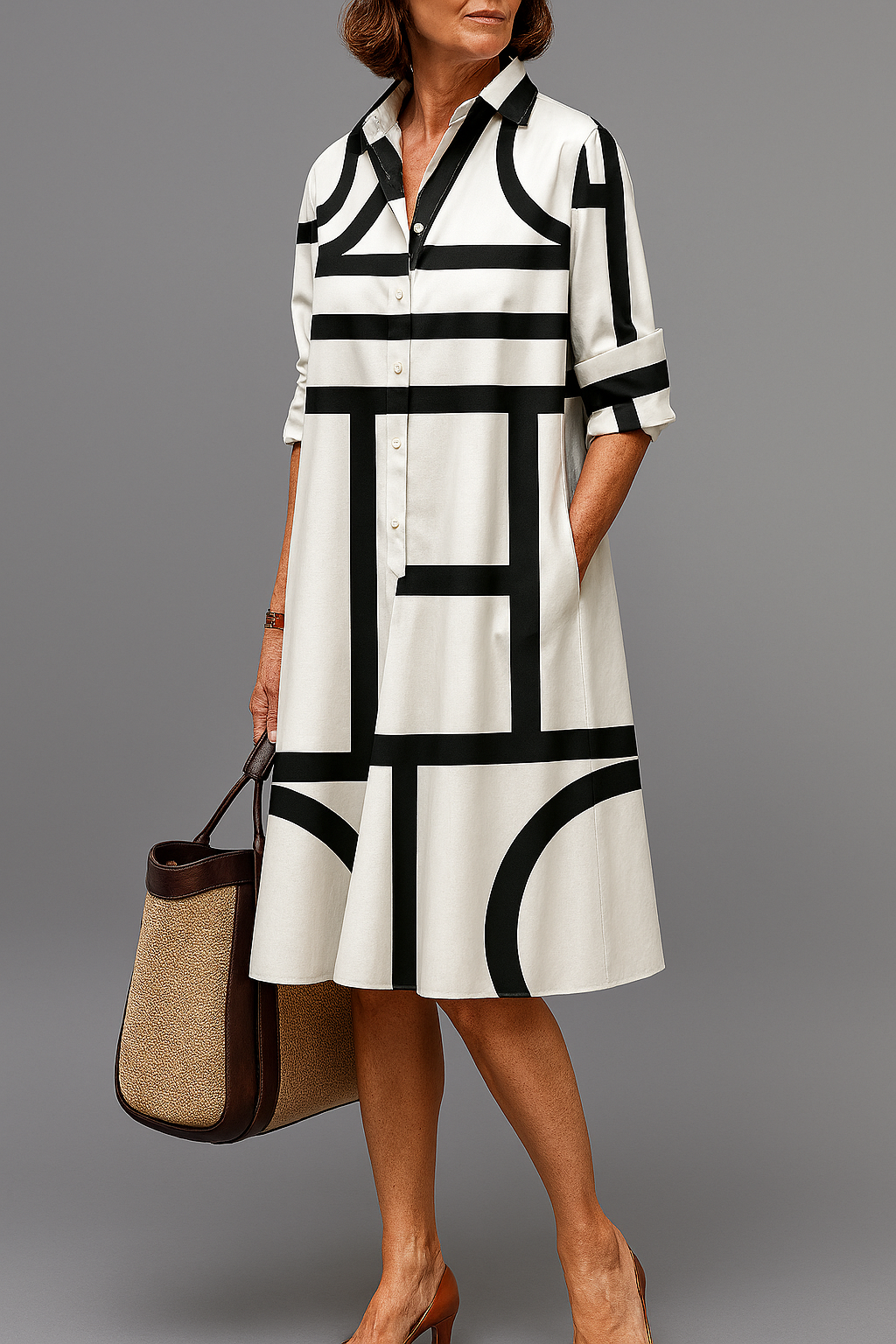 Indie – White Cotton Midi Shirt Dress with Geometric Print