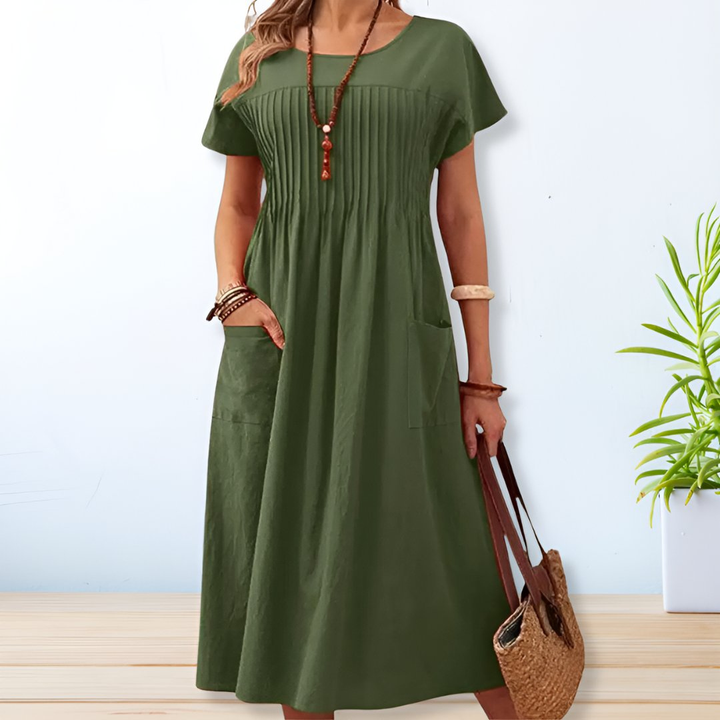 Demi – Olive Linen Midi Dress with Pintuck Detail and Front Pockets