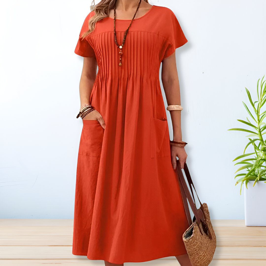 Demi – Olive Linen Midi Dress with Pintuck Detail and Front Pockets
