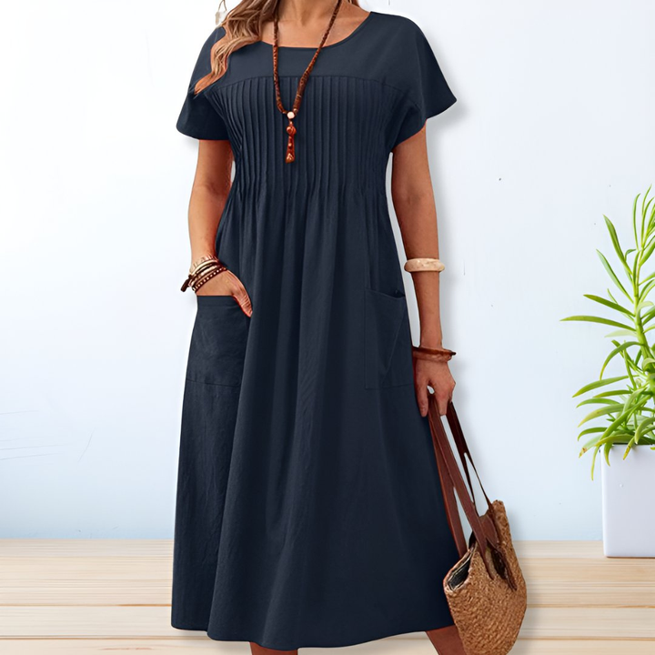 Demi – Olive Linen Midi Dress with Pintuck Detail and Front Pockets