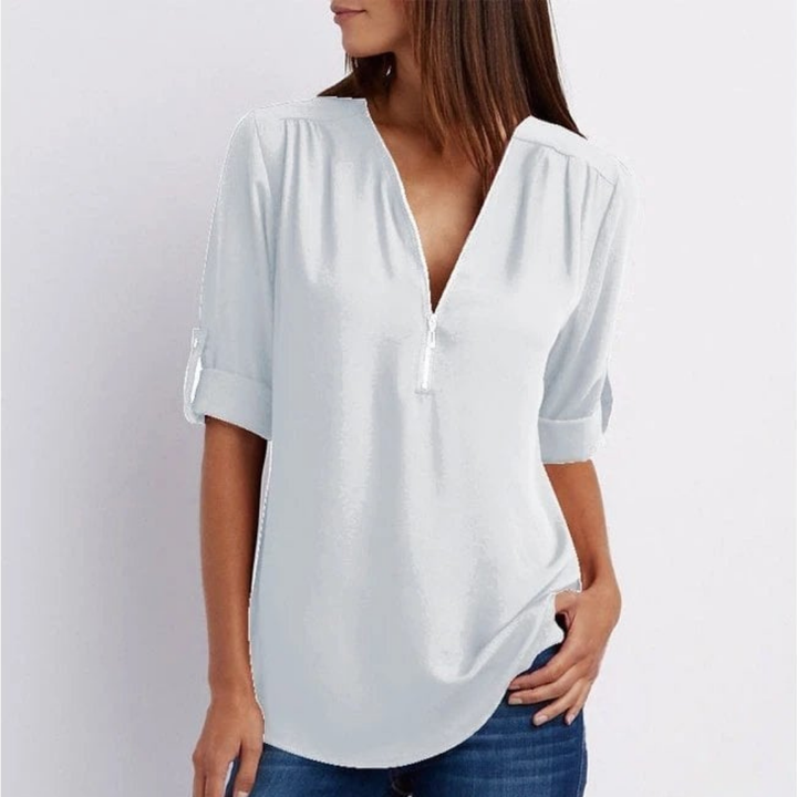 Indiana – Lightweight V-Neck Zip-Up Blouse with Roll Sleeves