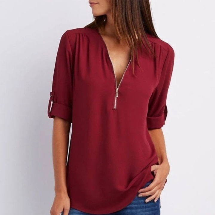 Indiana – Lightweight V-Neck Zip-Up Blouse with Roll Sleeves