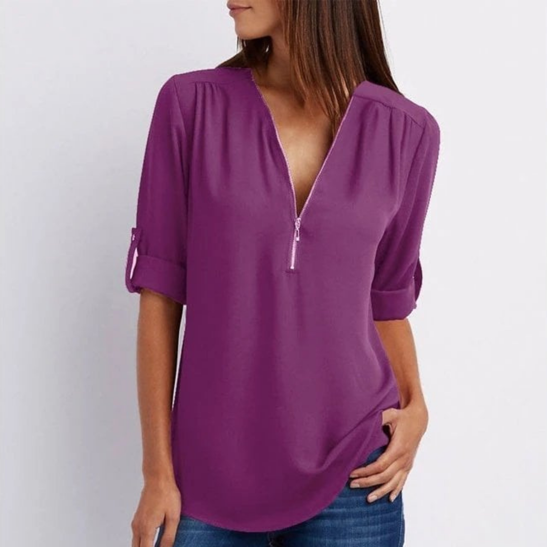Indiana – Lightweight V-Neck Zip-Up Blouse with Roll Sleeves