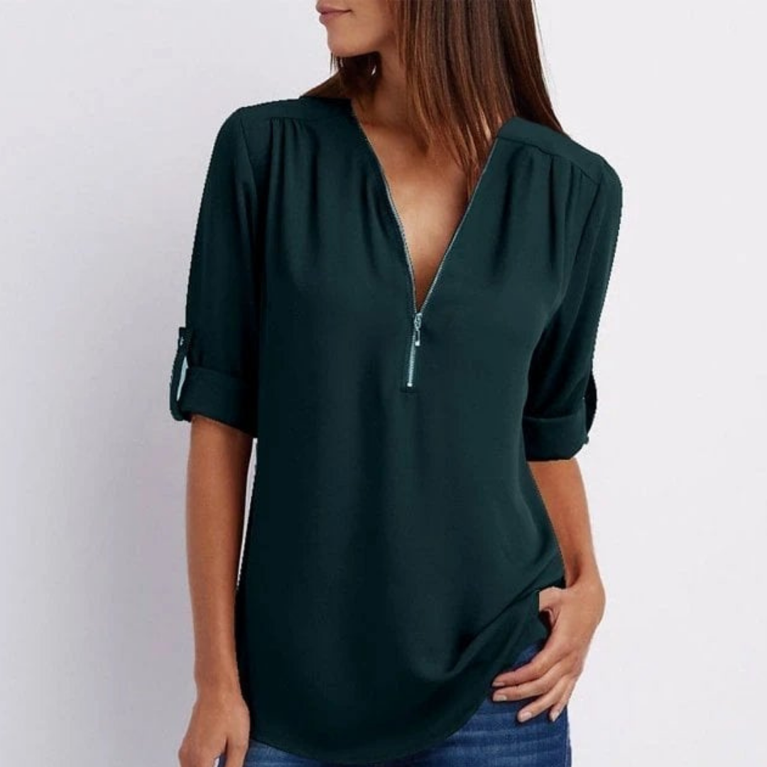 Indiana – Lightweight V-Neck Zip-Up Blouse with Roll Sleeves