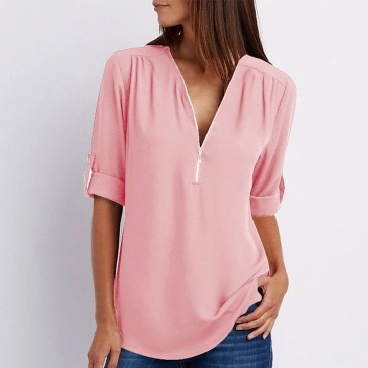 Indiana – Lightweight V-Neck Zip-Up Blouse with Roll Sleeves