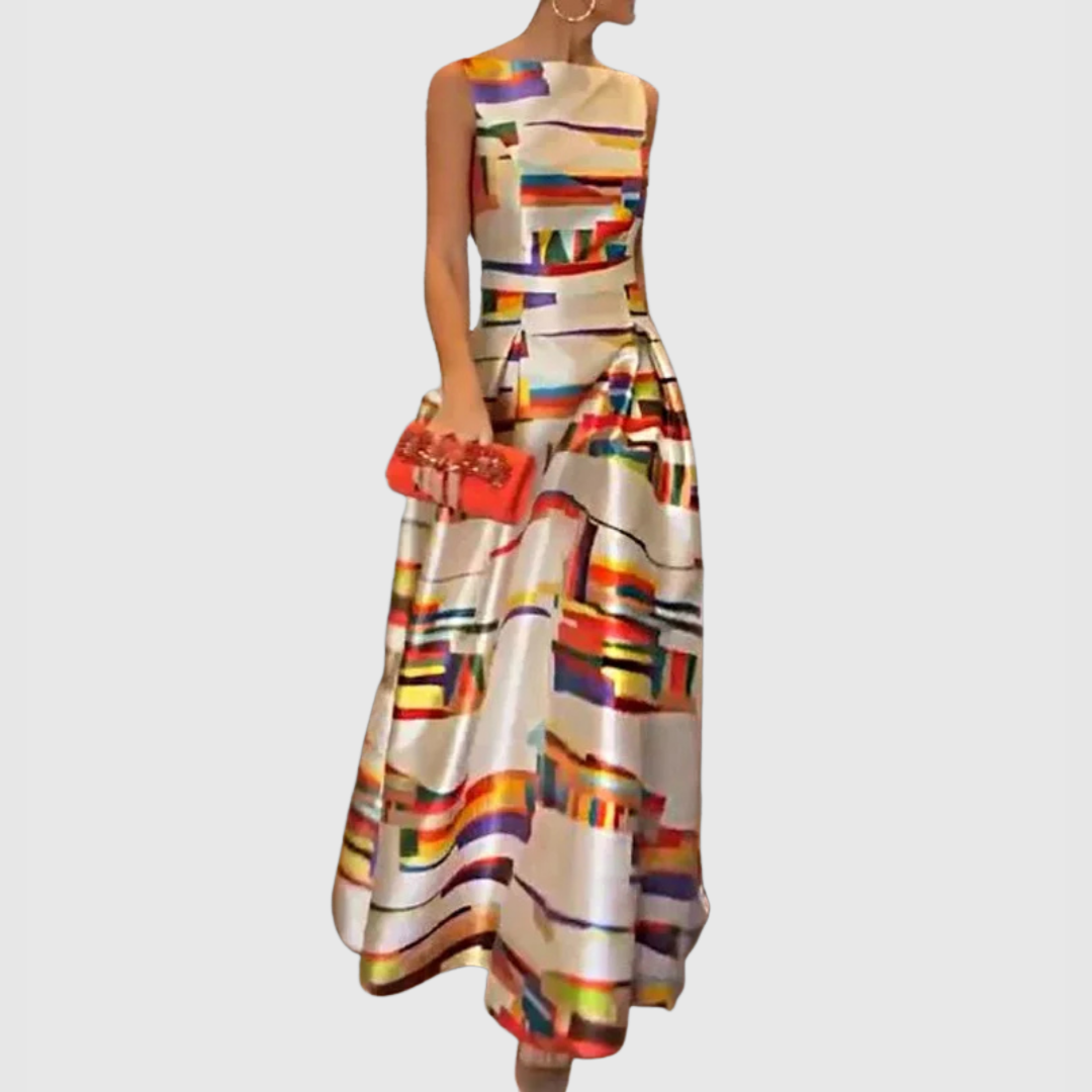 Cleo – Sleeveless Satin Maxi Dress with Abstract Colourblock