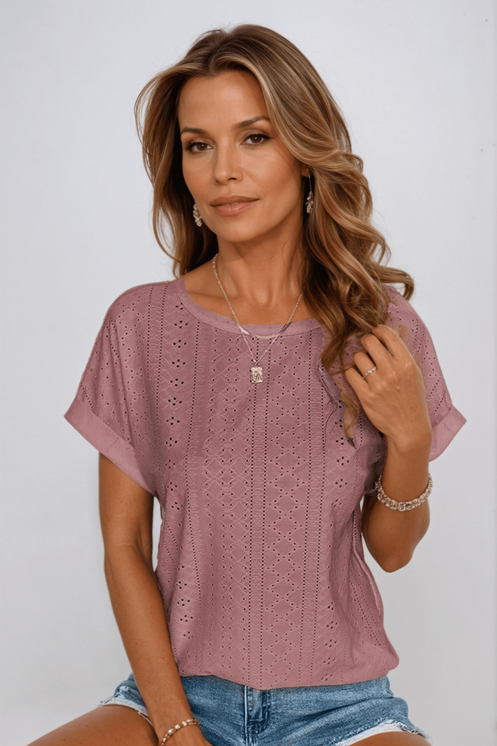 Demi – Cotton Eyelet Round Neck Top with Short Sleeves
