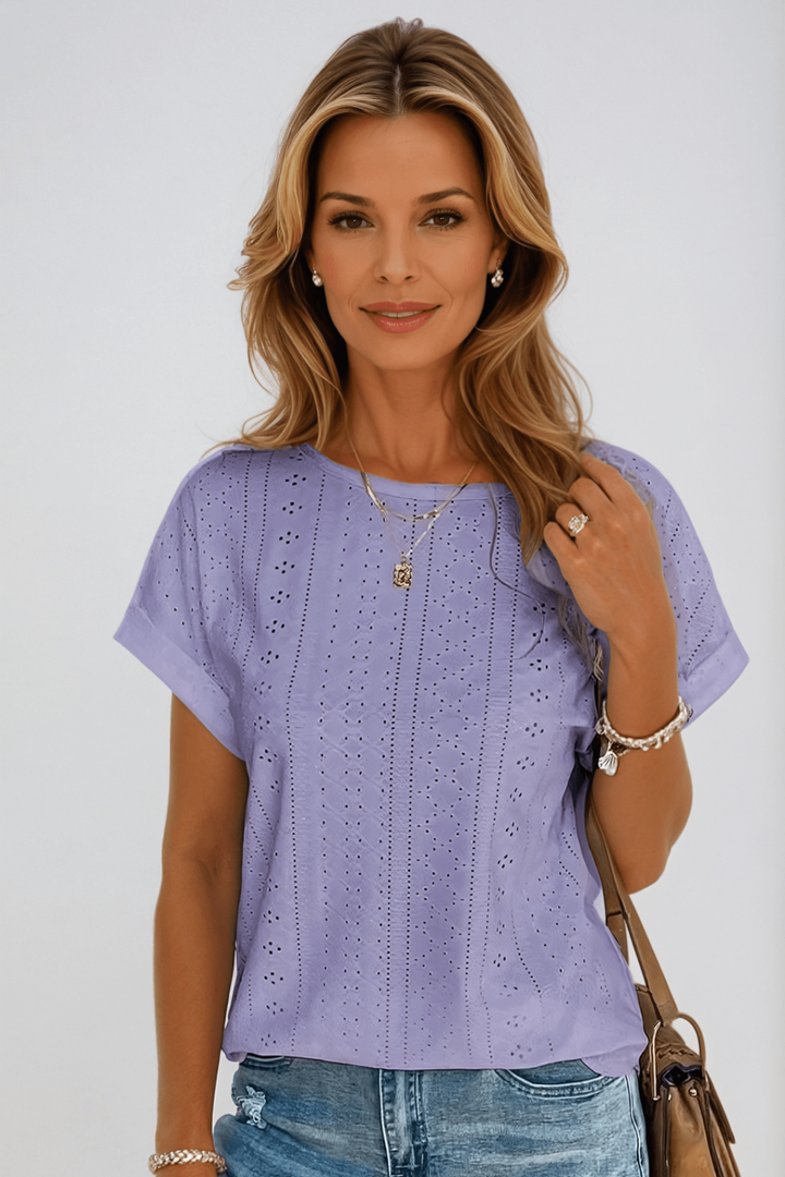 Demi – Cotton Eyelet Round Neck Top with Short Sleeves