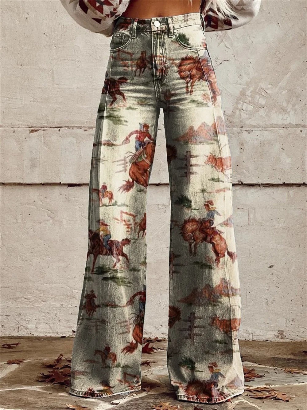 Lila – High-Rise Wide-Leg Denim Pants with Western Print