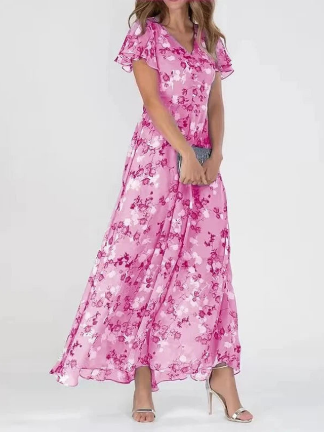 Fiona – Floral Chiffon Maxi Dress with Flutter Sleeves